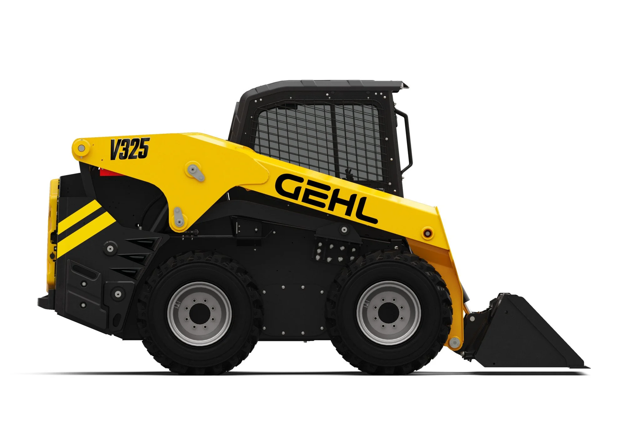 Close-up of a yellow and black GHL V325 skid steer loader with black wheels and protective cab.