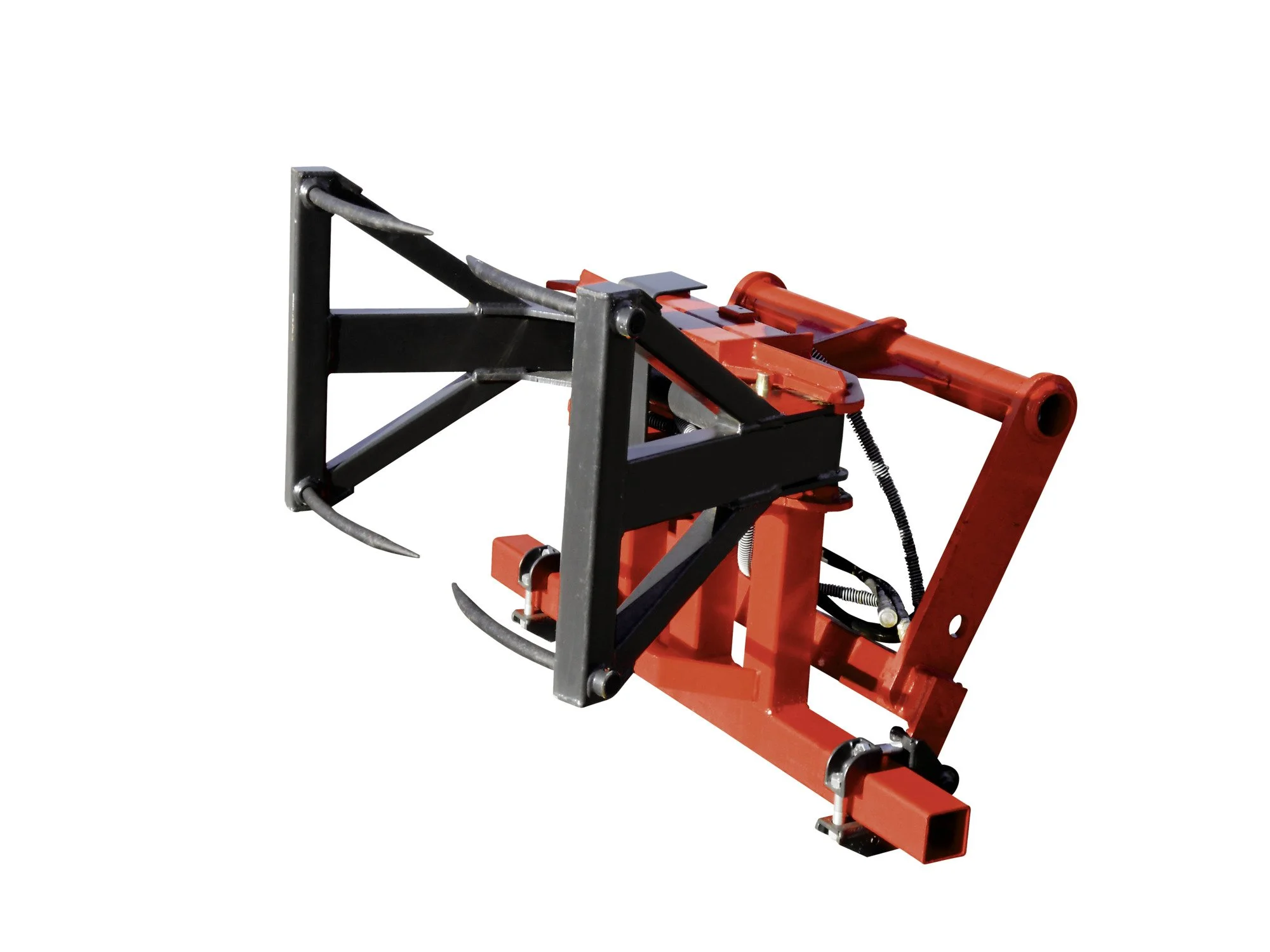 A mechanical device with a black metal frame and orange parts, featuring a long orange cylindrical component and metal hooks and springs, isolated on a white background.