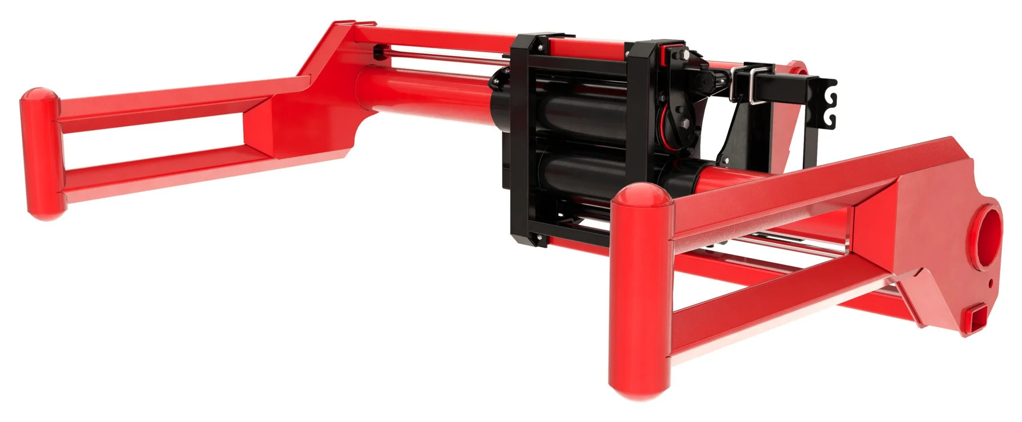 A red and black robotic component with cylindrical parts and metal rods, resembling a mechanical arm or part of a machine