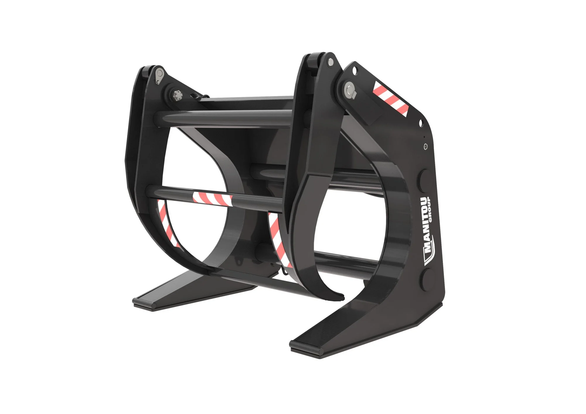 Heavy-duty metal grapple attachment for construction or forestry equipment, black with red and white striped safety markings.