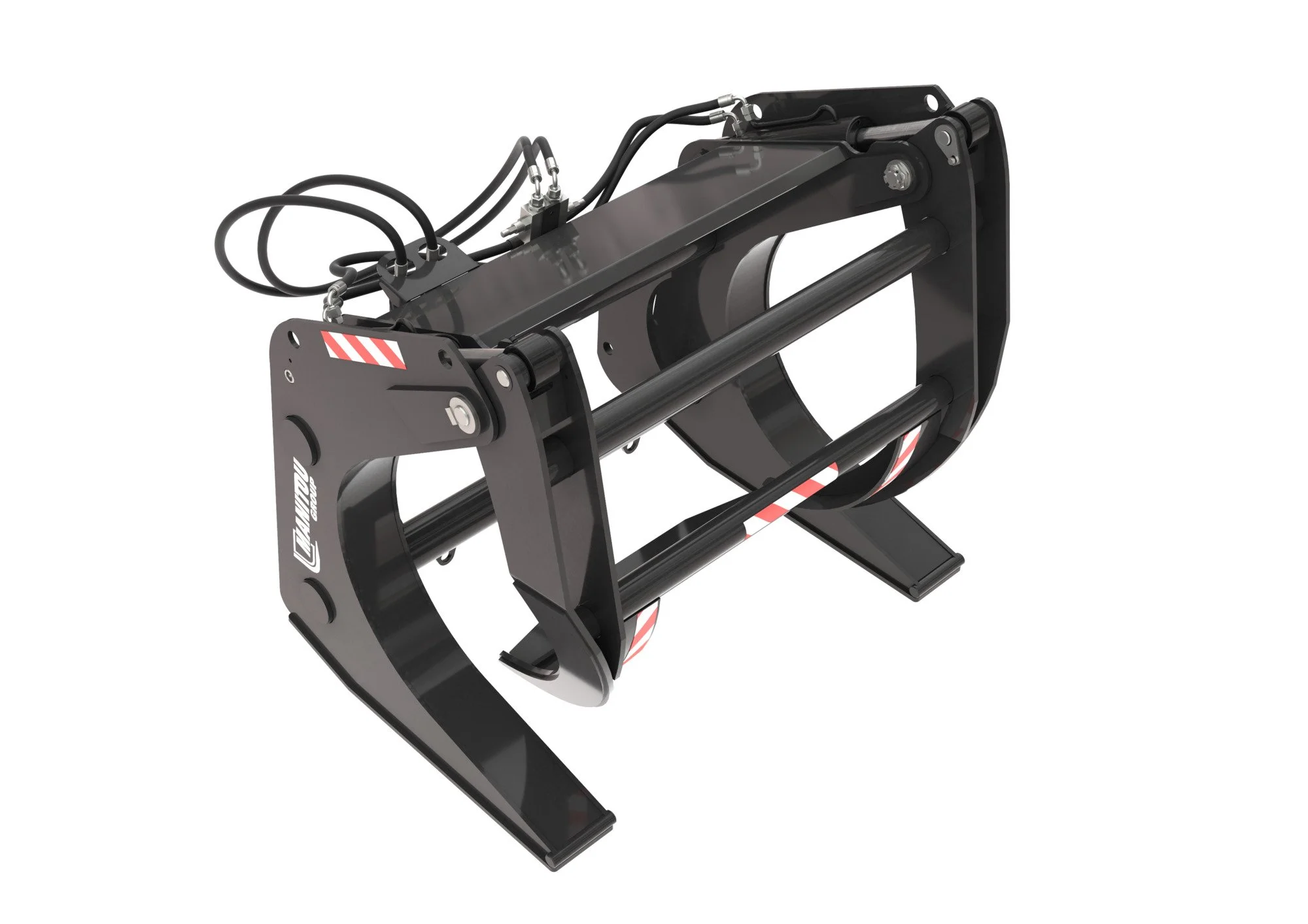 Heavy machinery attachment with hydraulic hoses and metal frame, used for industrial or construction purposes.