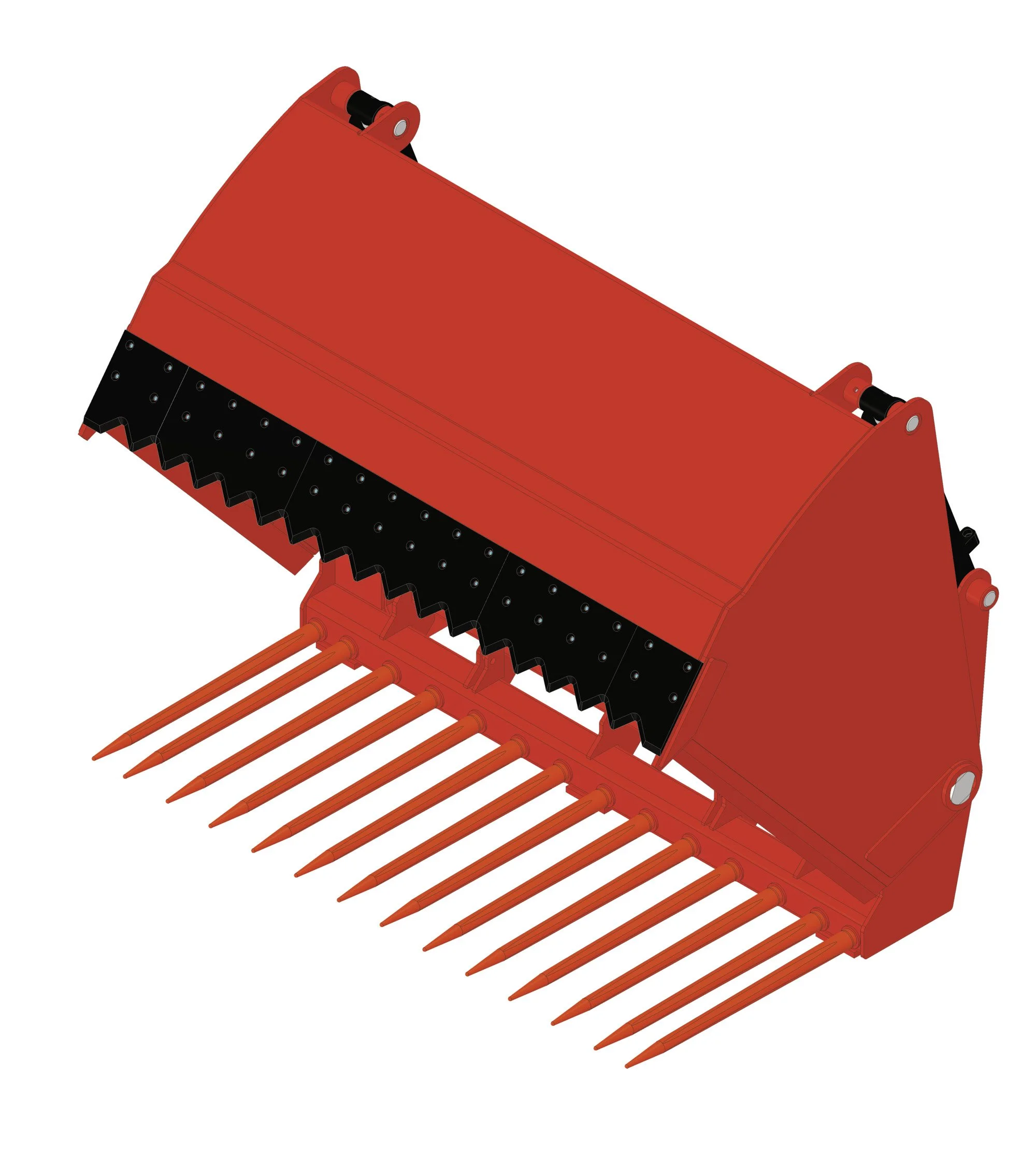 A red industrial machine component with black and orange parts, featuring a black serrated edge and five orange prongs extending outward.