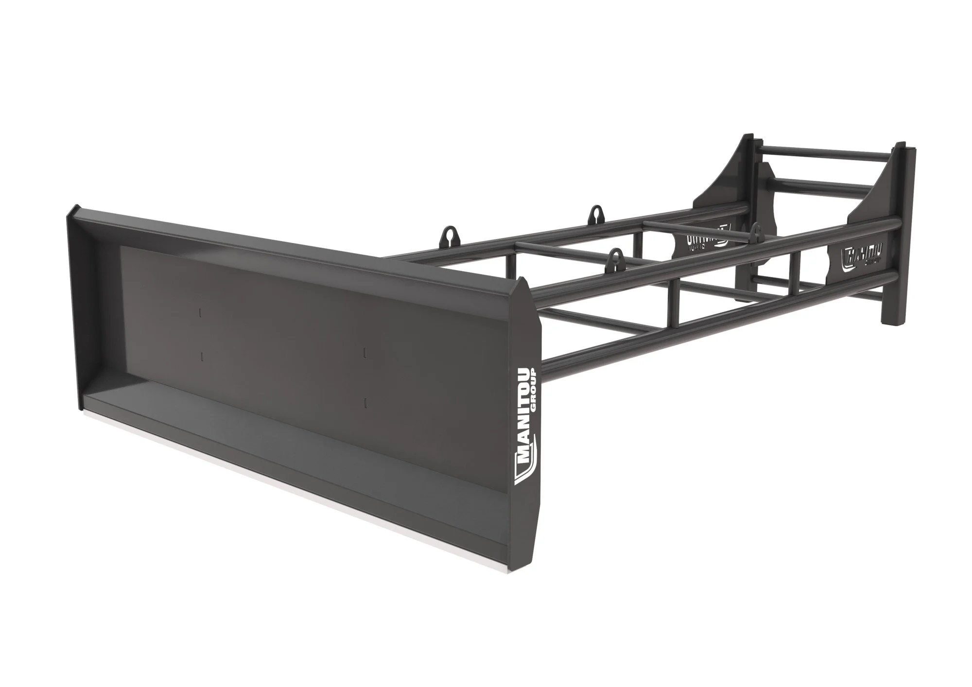 A black metal bed frame with a headboard and footboard, labeled 'Manitou Group.'