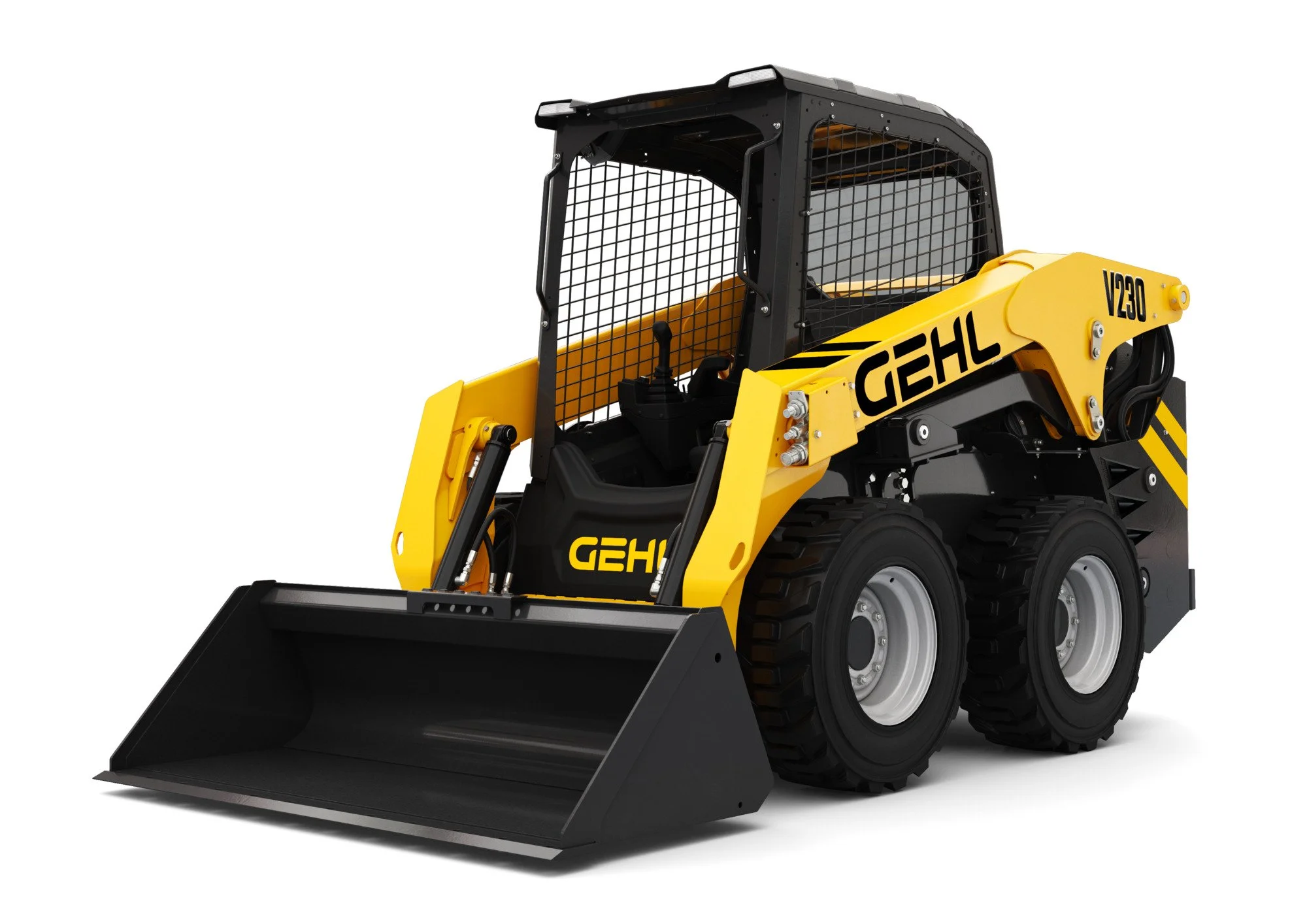 Yellow and black compact wheel loader with a bucket attachment in front.