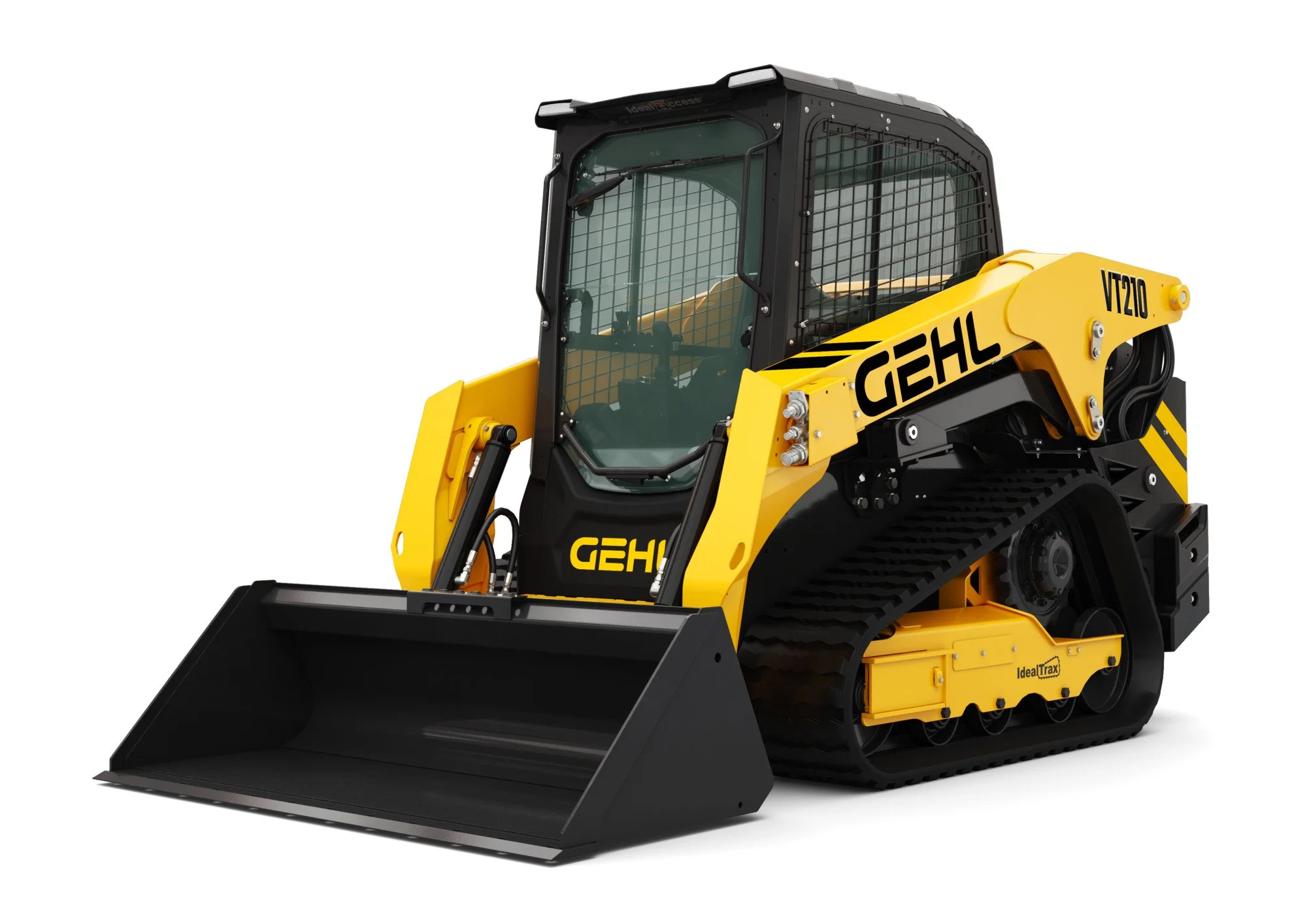 Yellow and black track loader with a front bucket attachment and enclosed cabin