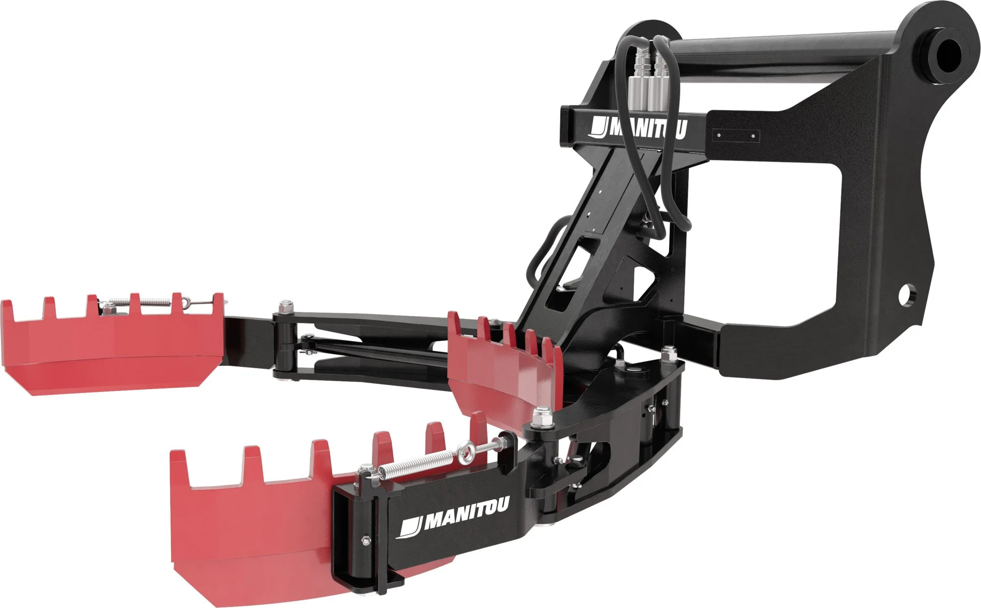 A snow blower attachment with black and red components and the brand name Manitou on it.