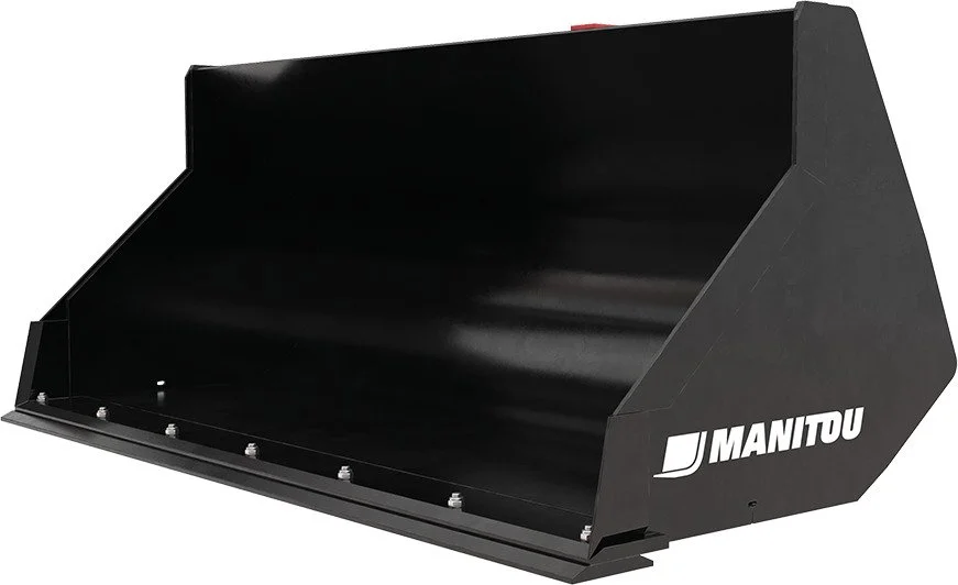 Black Manitou skid steer bucket attachment with white logo on side.