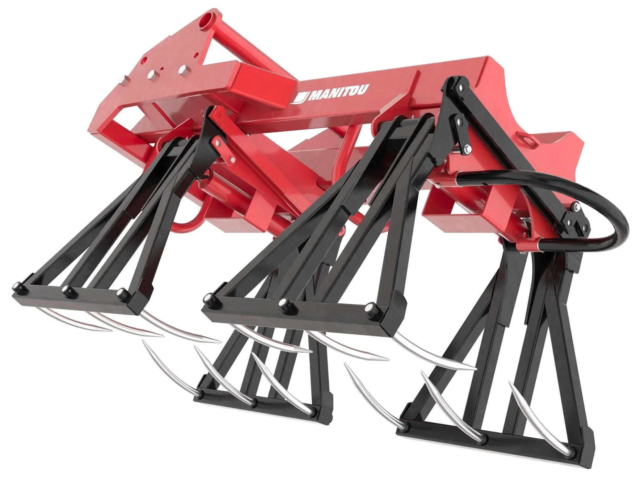 Red and black agricultural cultivator attachment with sharp metal tines and hydraulic components.