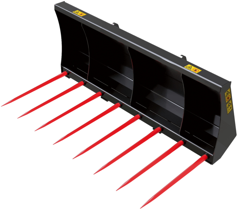 A black commercial snow plow with red metal rake tines for clearing snow from roads and parking lots.