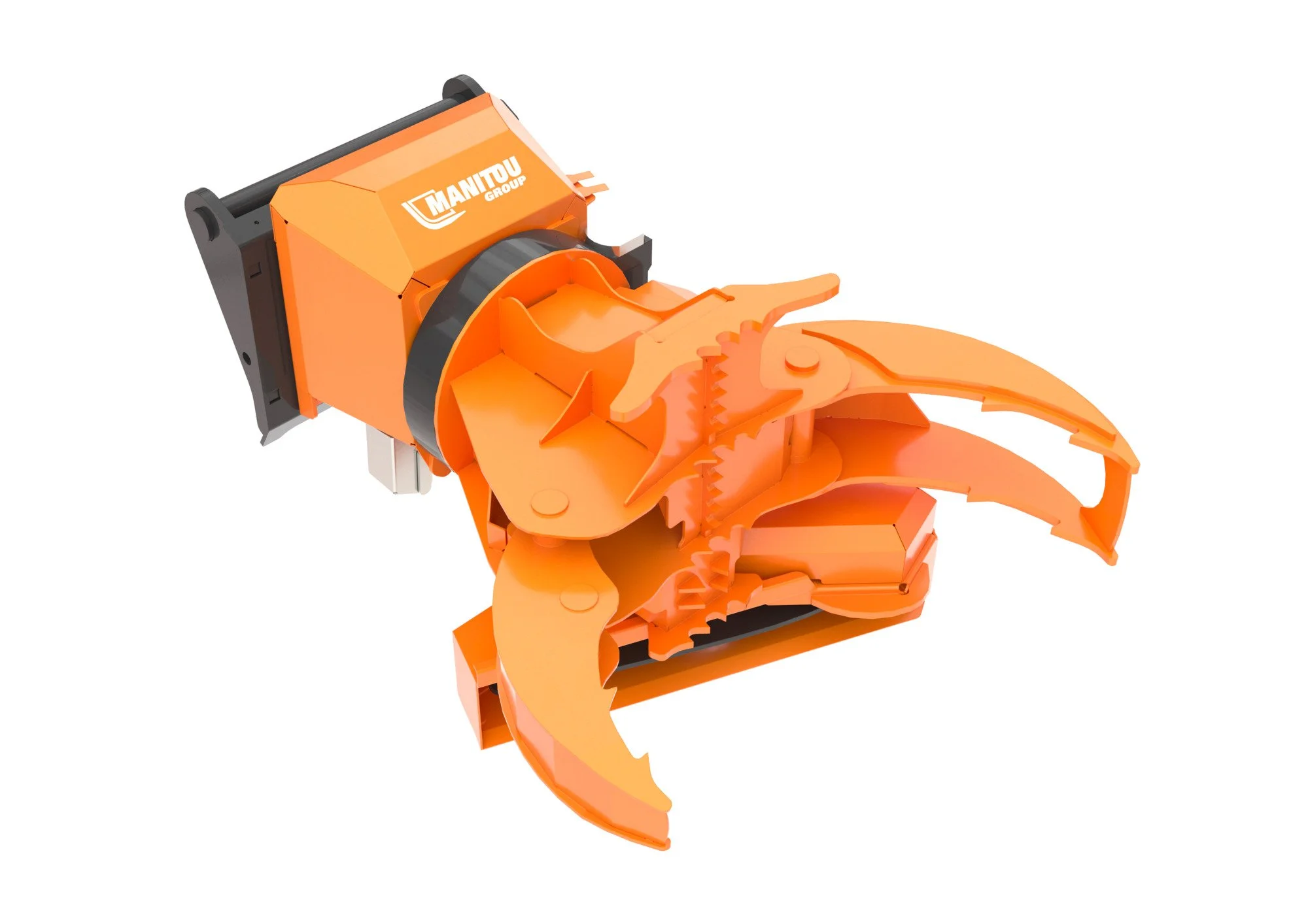 Orange mechanical robotic arm with black details and the logo 'MANITOU GROUP' printed on it.
