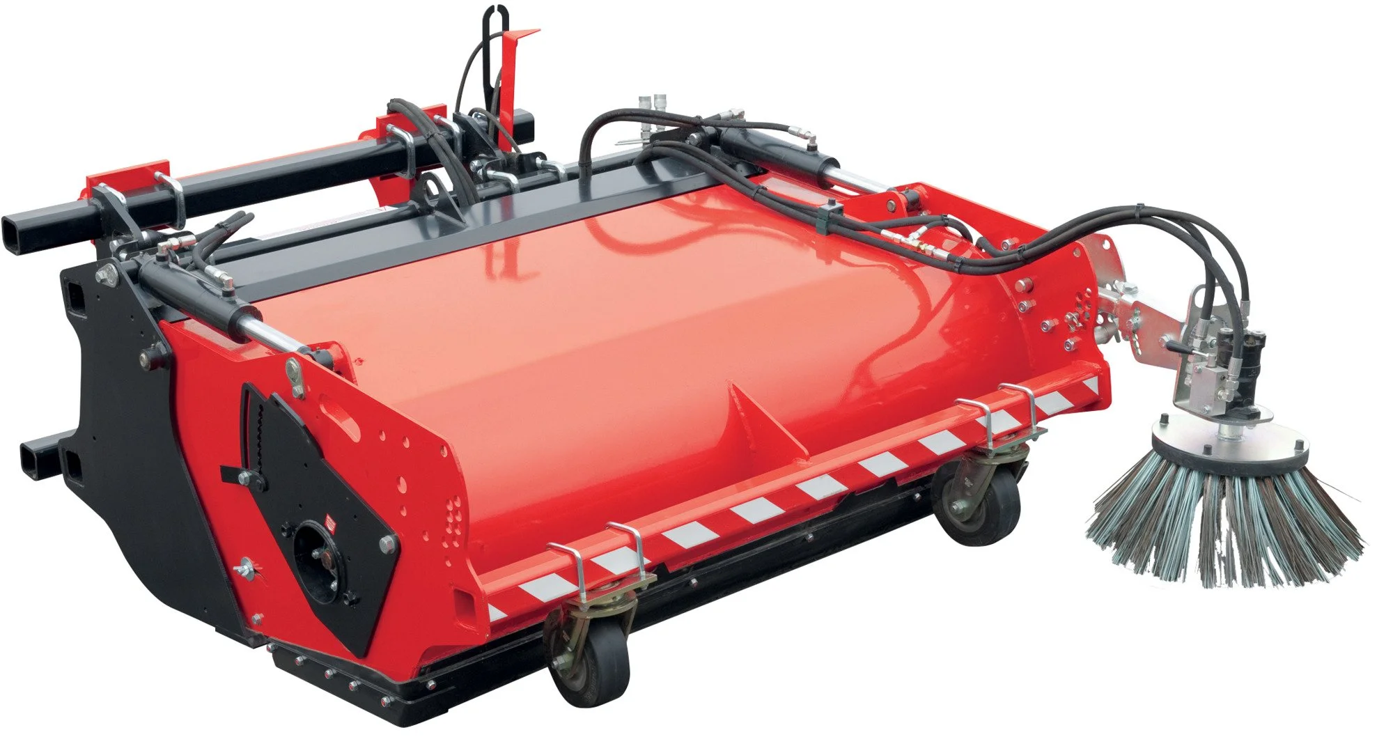 A red industrial street sweeper attachment with black and silver components, hydraulic hoses, and a rotating broom brush at the front, used for cleaning streets or large surfaces.