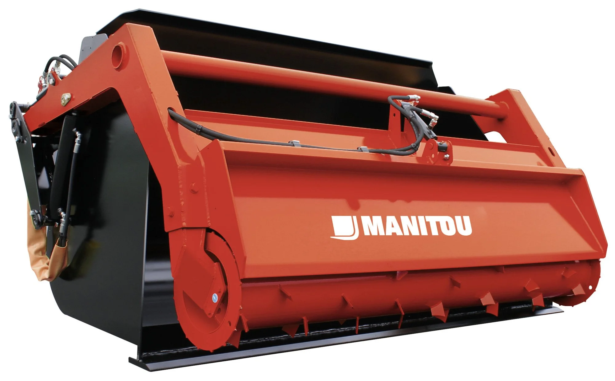 Close-up of orange agricultural machine attachment labeled 'MANITOU' with hydraulic hoses and black rollers.