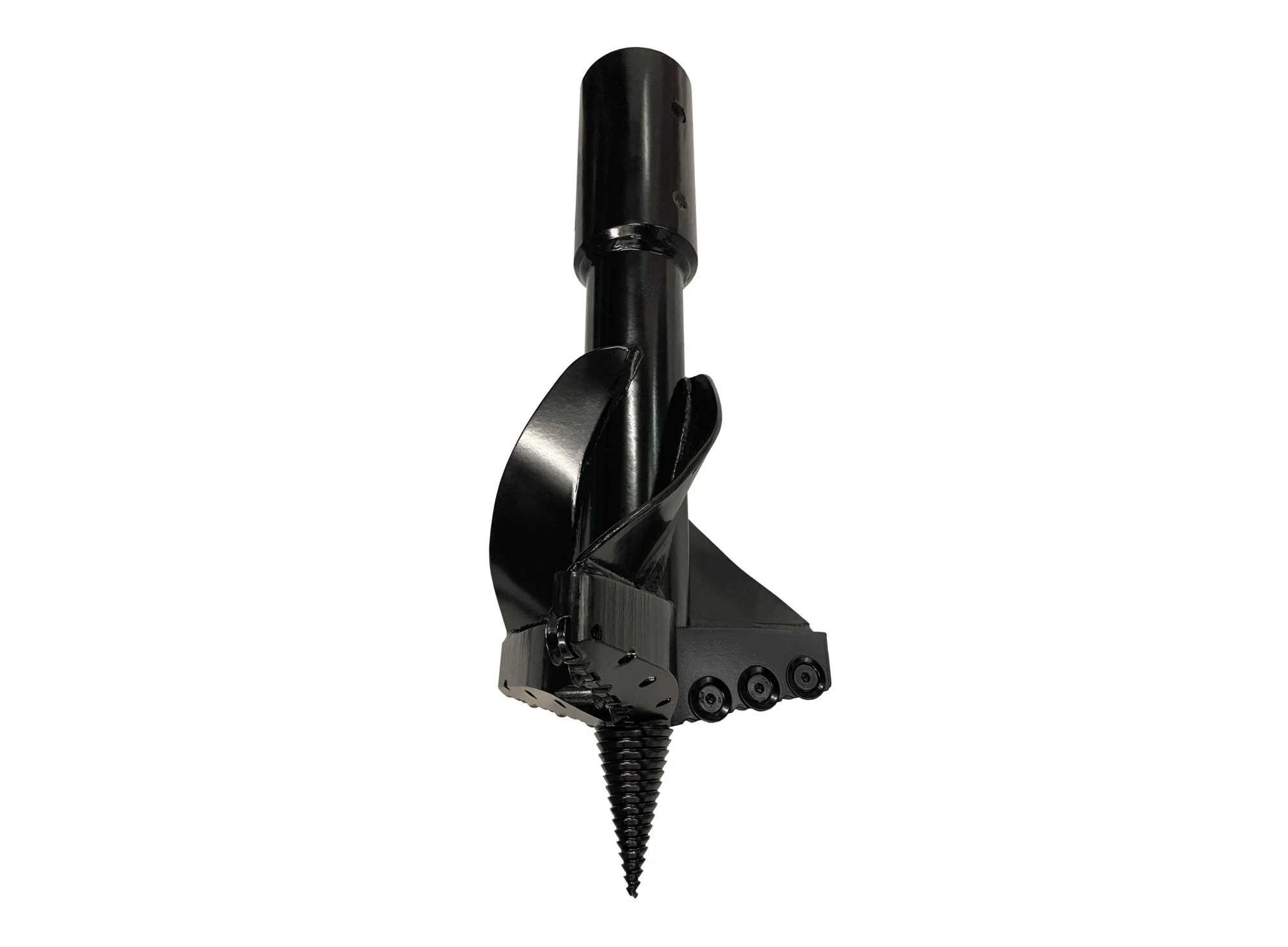 A close-up of a black electric drill bit attached to a power drill, with the drill pointing downward.