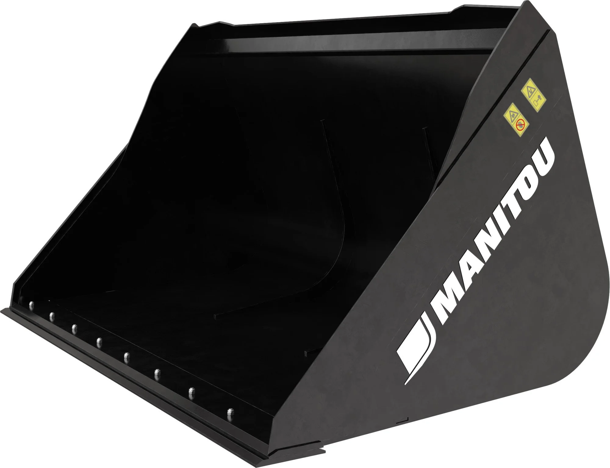 Black excavator bucket attachment with warning labels on the side.