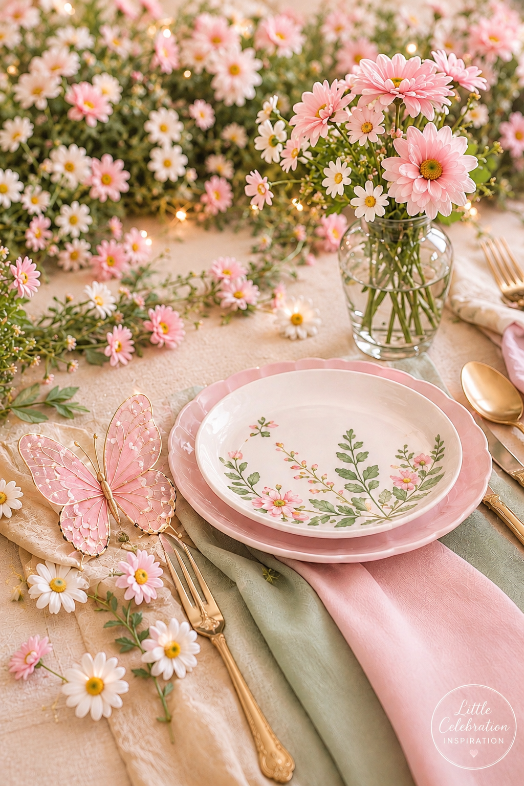 Pink and sage fairy-party table setting with floral plates, gold flatware, daisies, and a butterfly decoration.