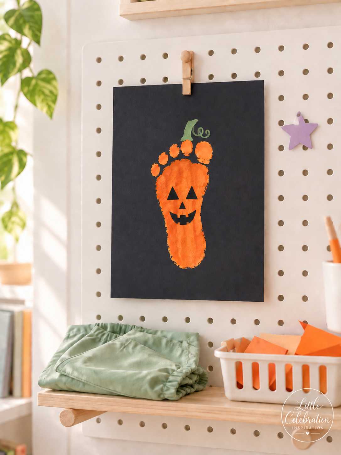 Orange footprint transformed into a smiling jack-o'-lantern on dark cardstock.
