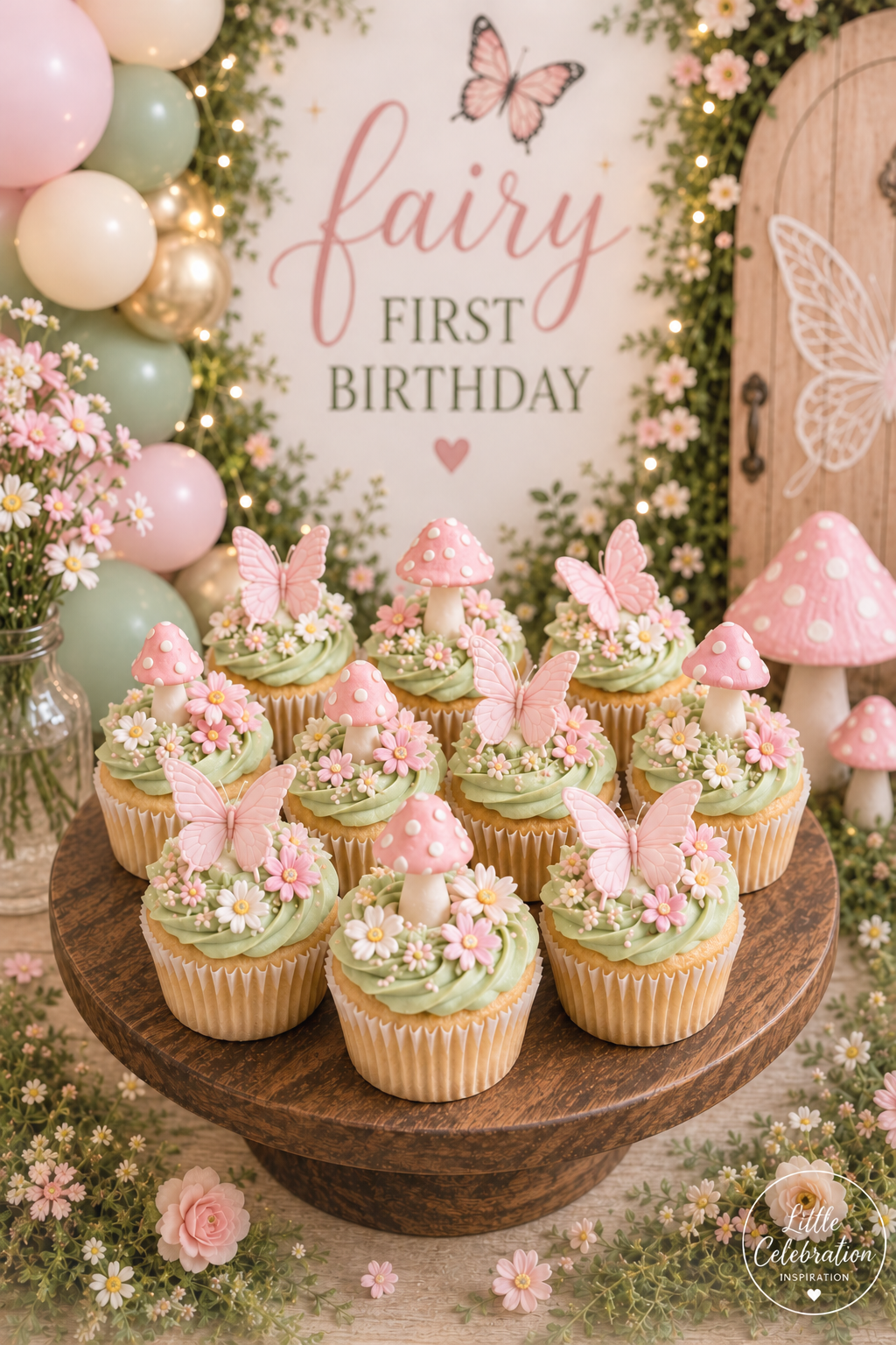 Fairy garden cupcakes with sage frosting, pink butterflies, mushrooms, flowers, and pastel sprinkles.