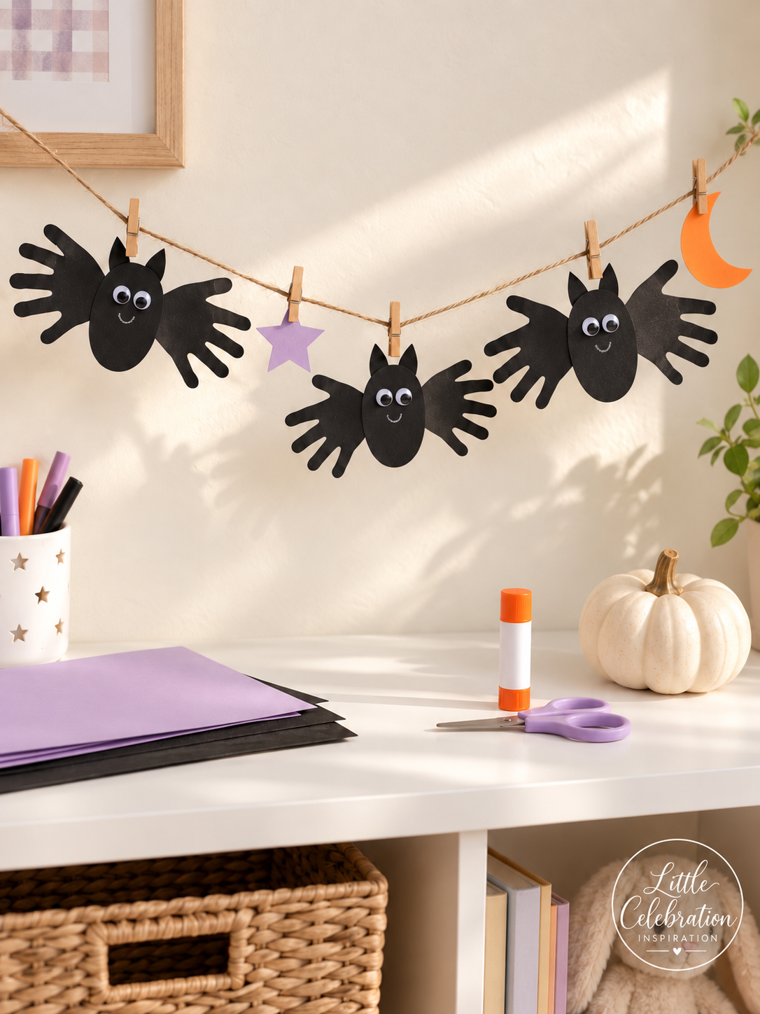 Three black handprint bats clipped to twine above a children's craft shelf.