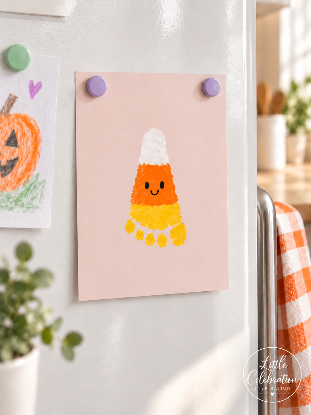 Small candy corn footprint craft painted white, orange, and yellow and displayed on a refrigerator.