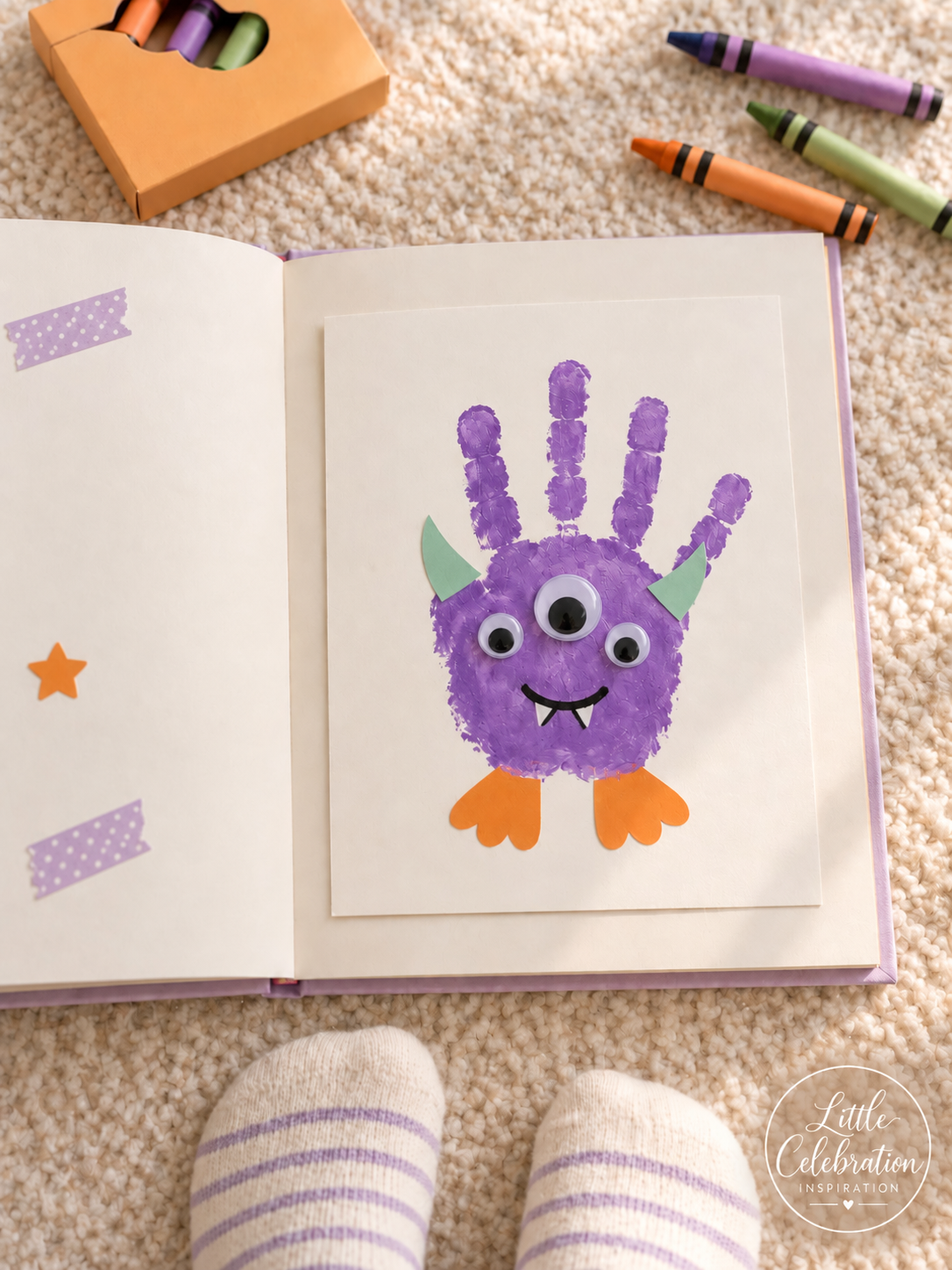Purple three-eyed handprint monster craft mounted inside a scrapbook.