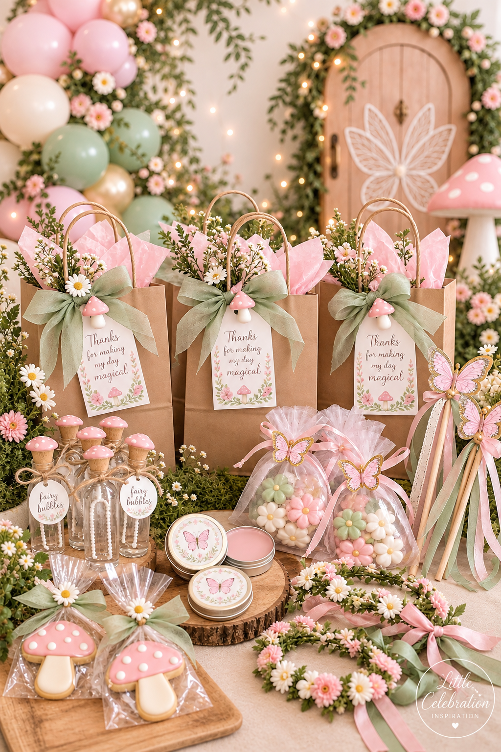 Fairy birthday party favors featuring kraft bags, flower crowns, wands, bubbles, cookies, and pastel candy bags.