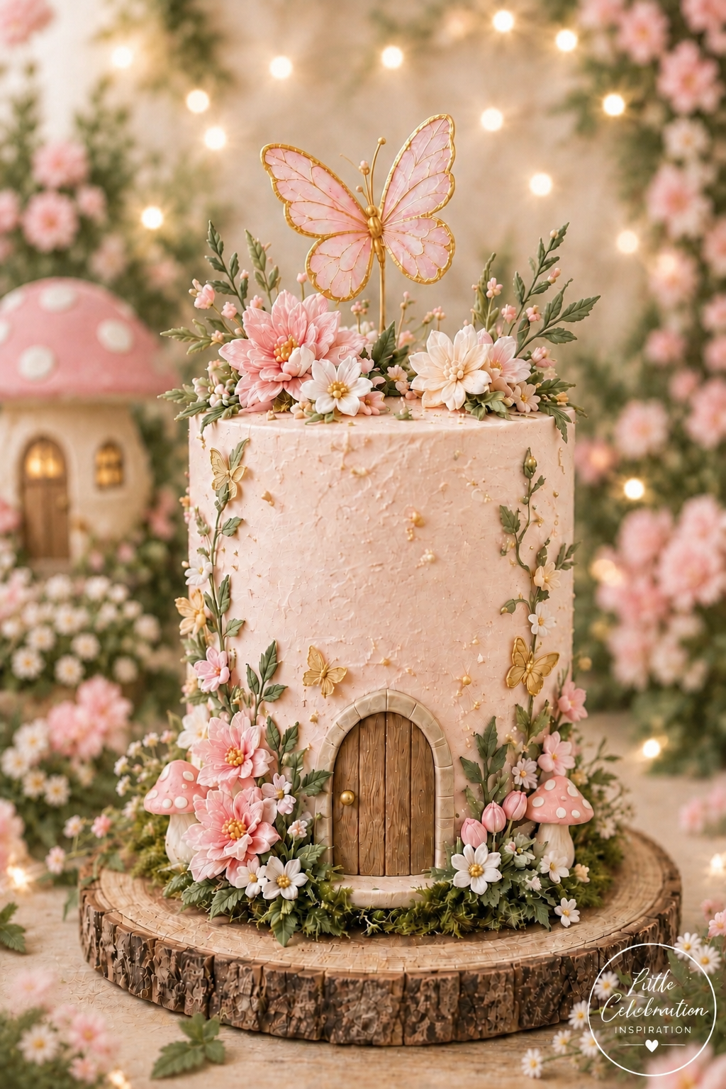 Tall pink fairy-house birthday cake decorated with flowers, butterflies, mushrooms, greenery, and a tiny wooden door.