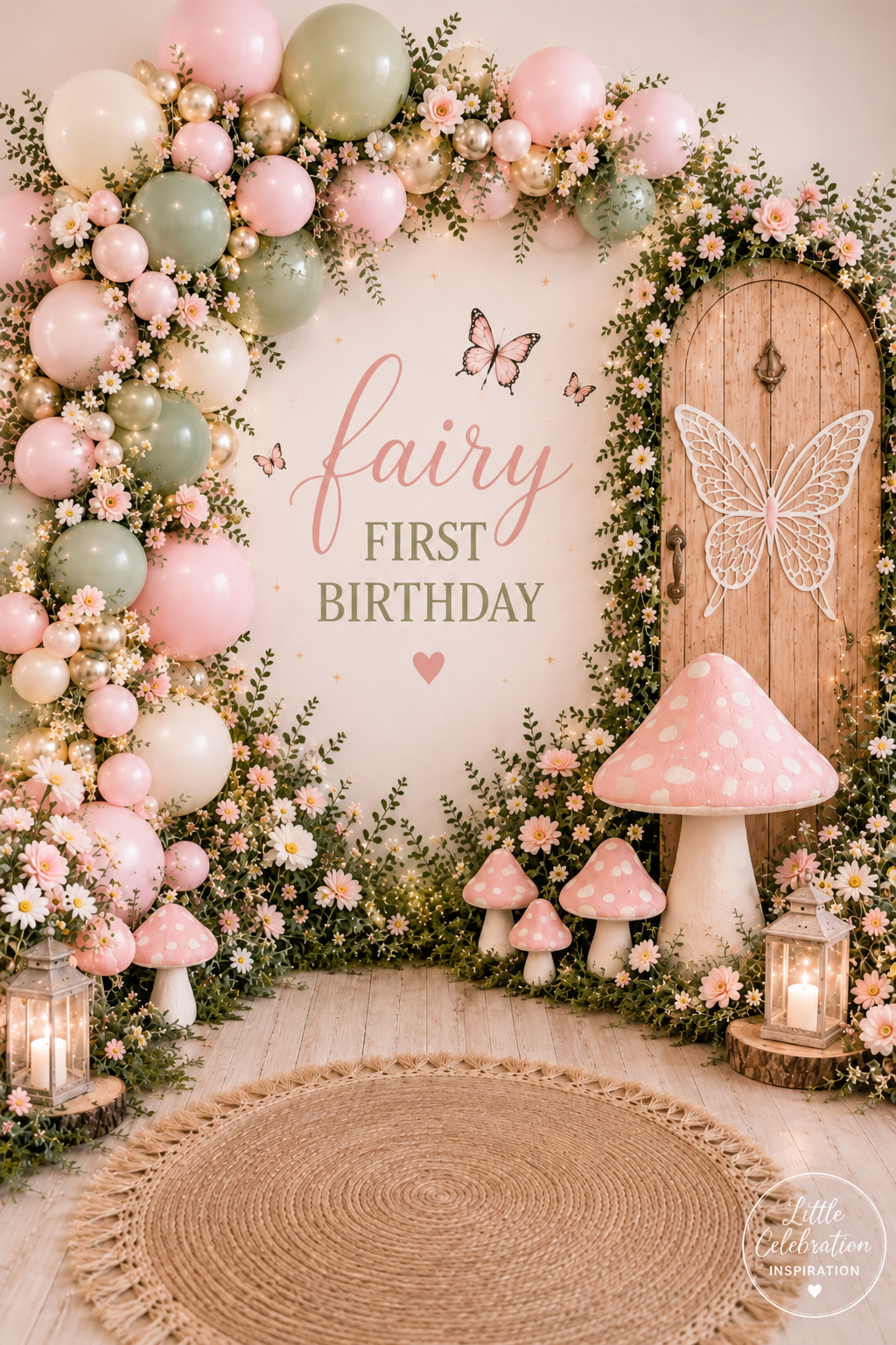 Fairy first-birthday backdrop with pink and sage balloons, flowers, mushrooms, lanterns, and a wooden fairy door.