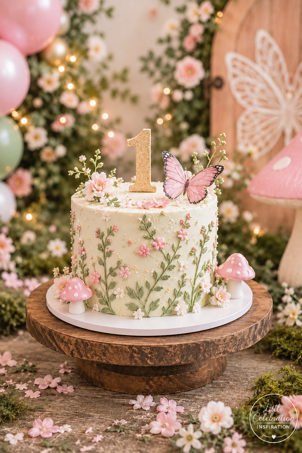 Fairy first-birthday cake decorated with pink flowers, green vines, mushrooms, a butterfly, and a gold number one.