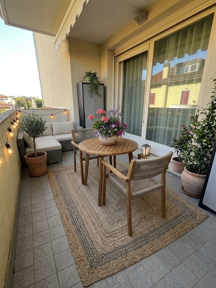 Balcone arredato con tavolo rotondo di legno, due sedie in legno, divano bianco con cuscini, piante in vasi, tappeto beige, lampade appese alla ringhiera, decorazioni con luci, finestra grande con tapparelle.
