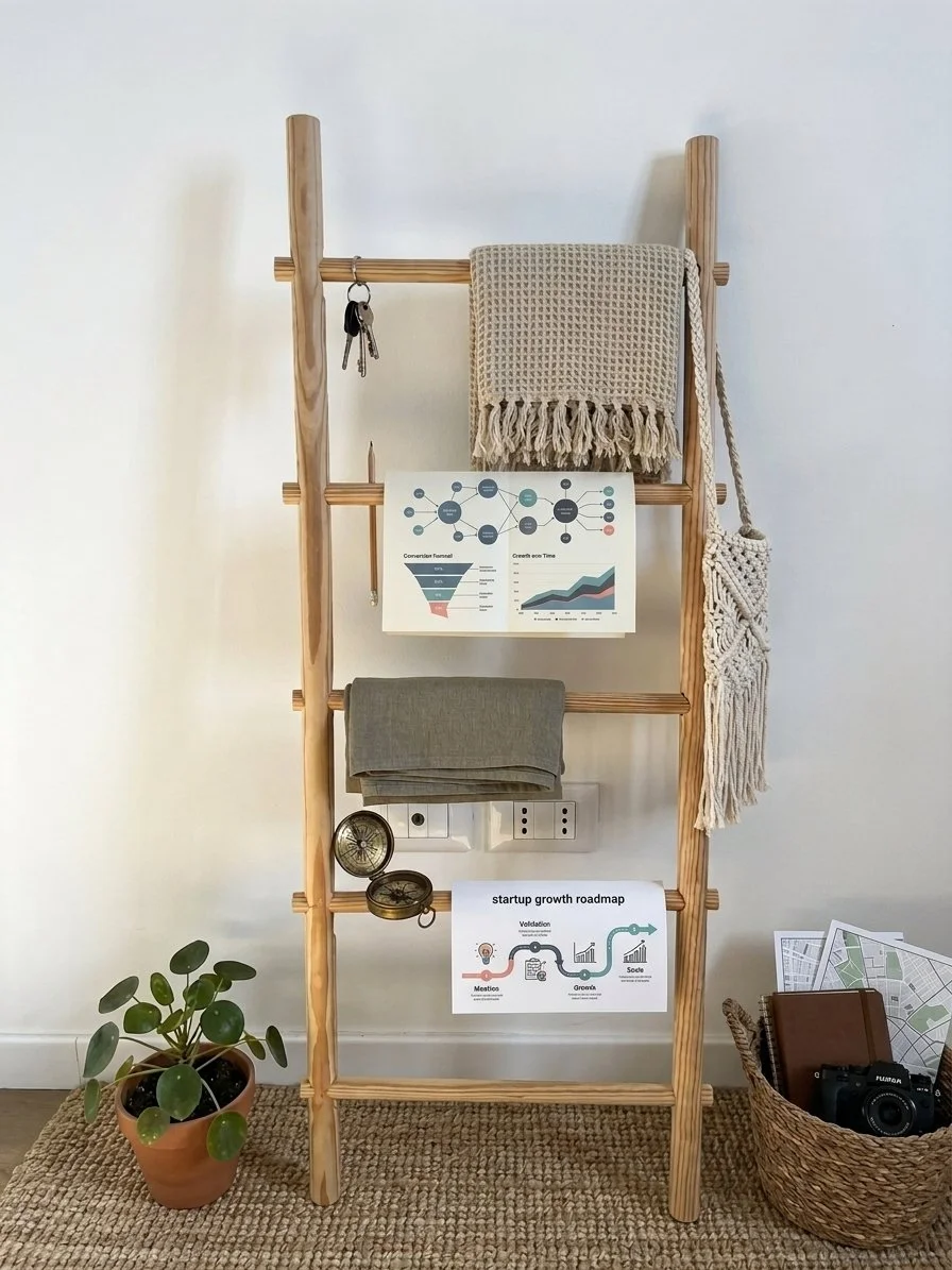 Scaffale in legno con vari oggetti decorativi e di lavoro: Tessere, piante, mappe, grafici, corde, chiavi, cavi, e documenti visi. Tappeto di sisal e parete bianca.