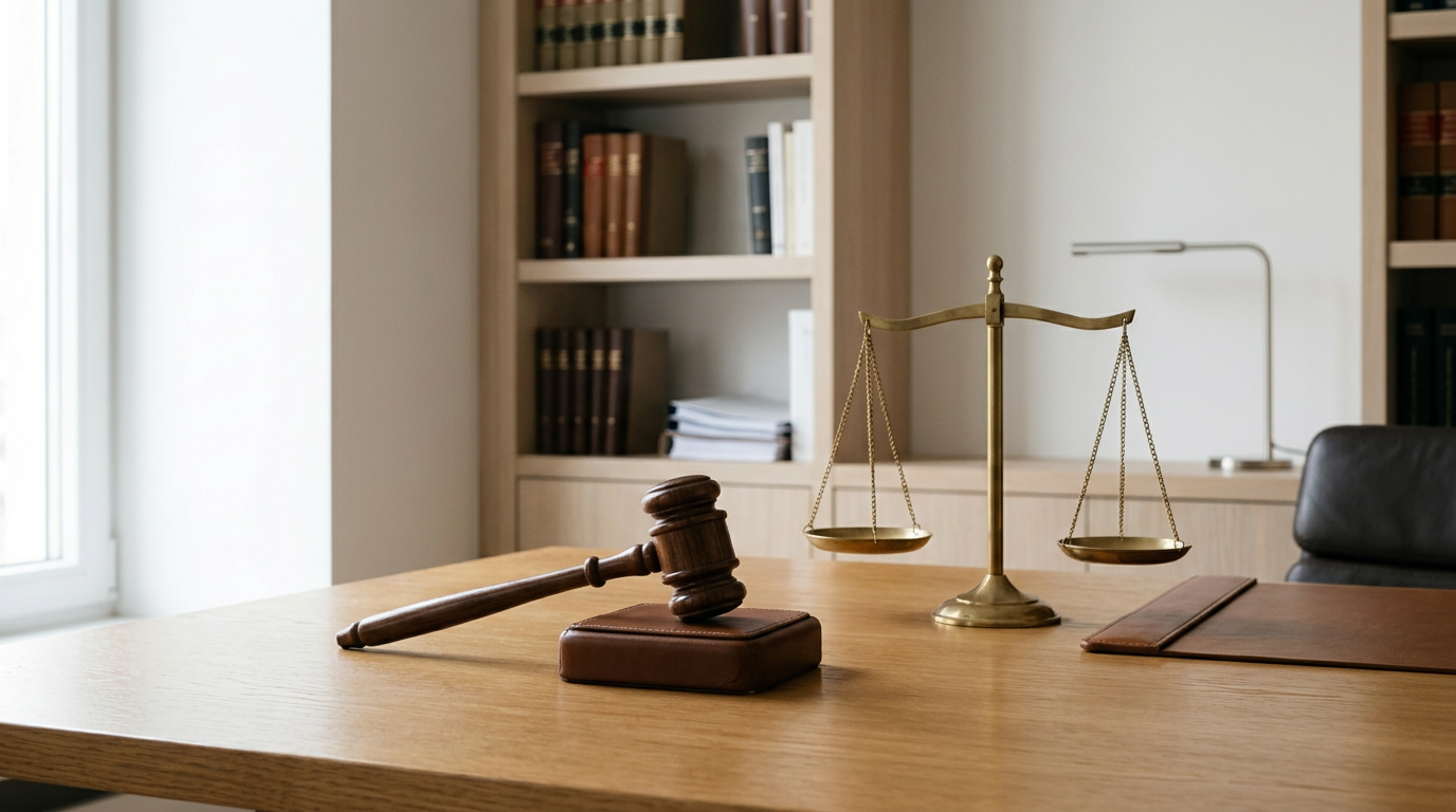 Gavel on a table next to a set of brass scales of justice in a law office or courtroom.