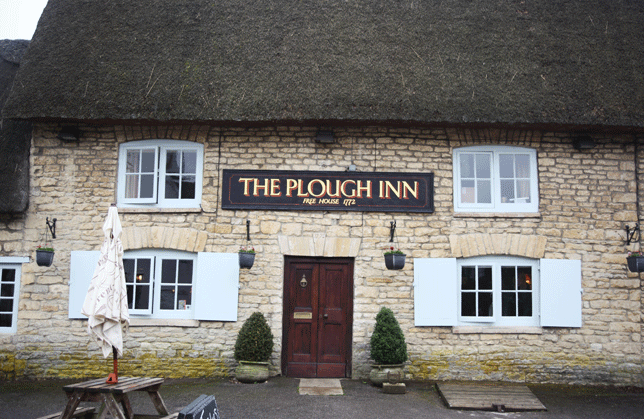 Front of a stone building called The Plough Inn with a thatched roof, white window shutters, and hanging flower baskets. There are two small, round bushes on either side of the wooden door.