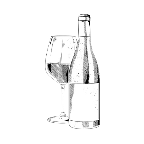 A black and white sketch of a wine glass filled with red wine and a wine bottle beside it.