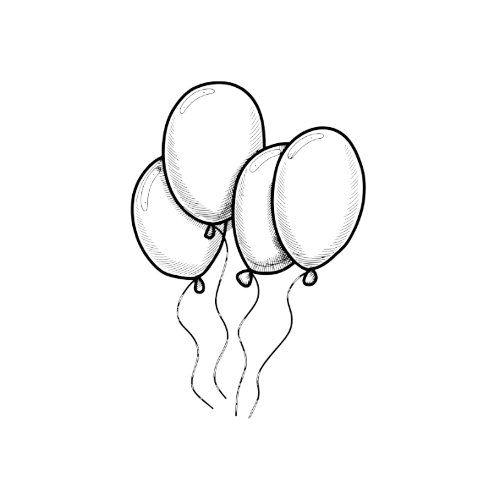 A black and white illustration of three balloons with strings.