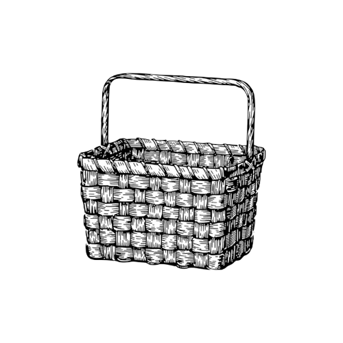 A black and white illustration of a woven basket with a handle.