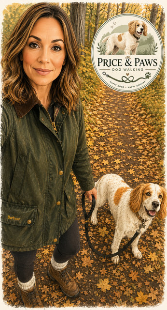 A woman holding a dog leash on a fall leaf-covered trail with a logo for Price & Paws Dog Walking company featuring a dog and autumn leaves.
