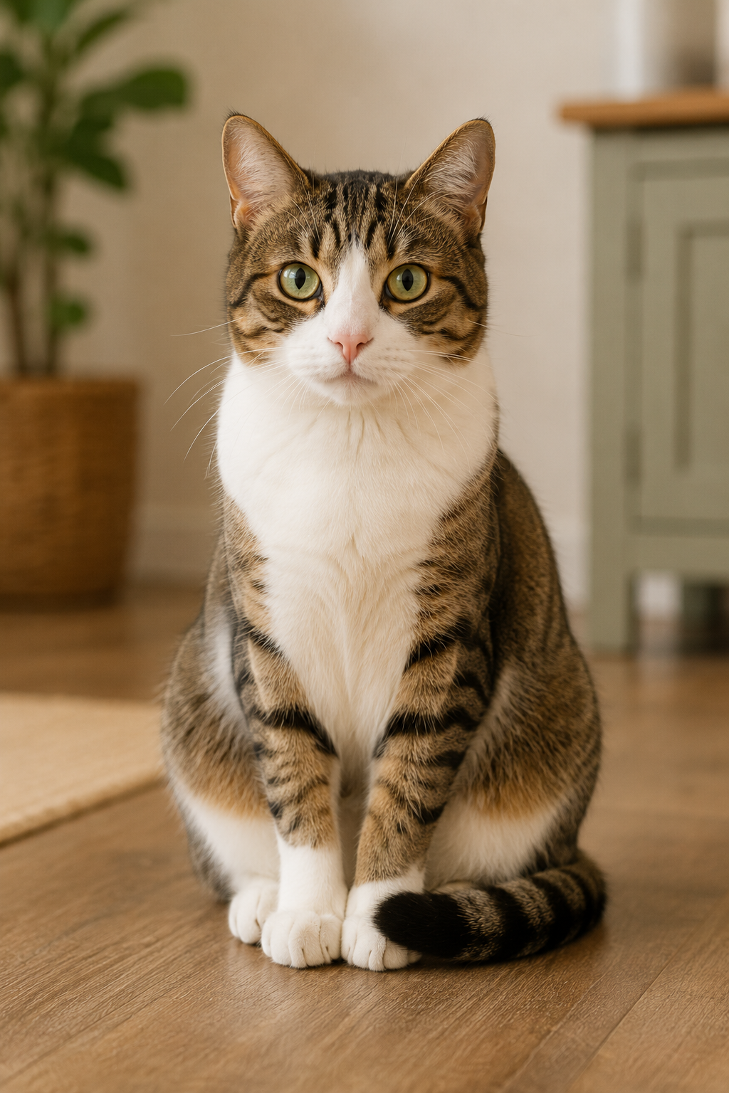 Tabby and white cat at home