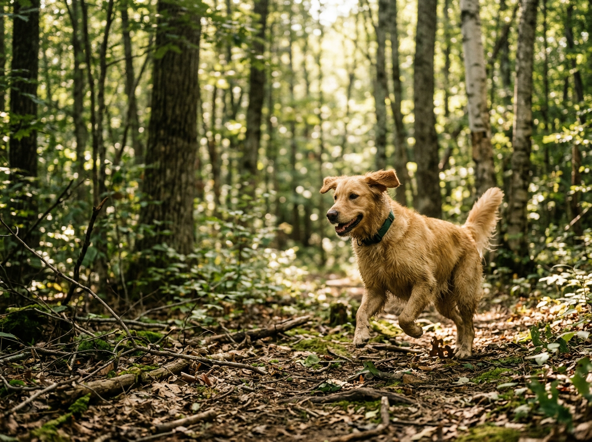Golden retriever enjoying a woodland walk
