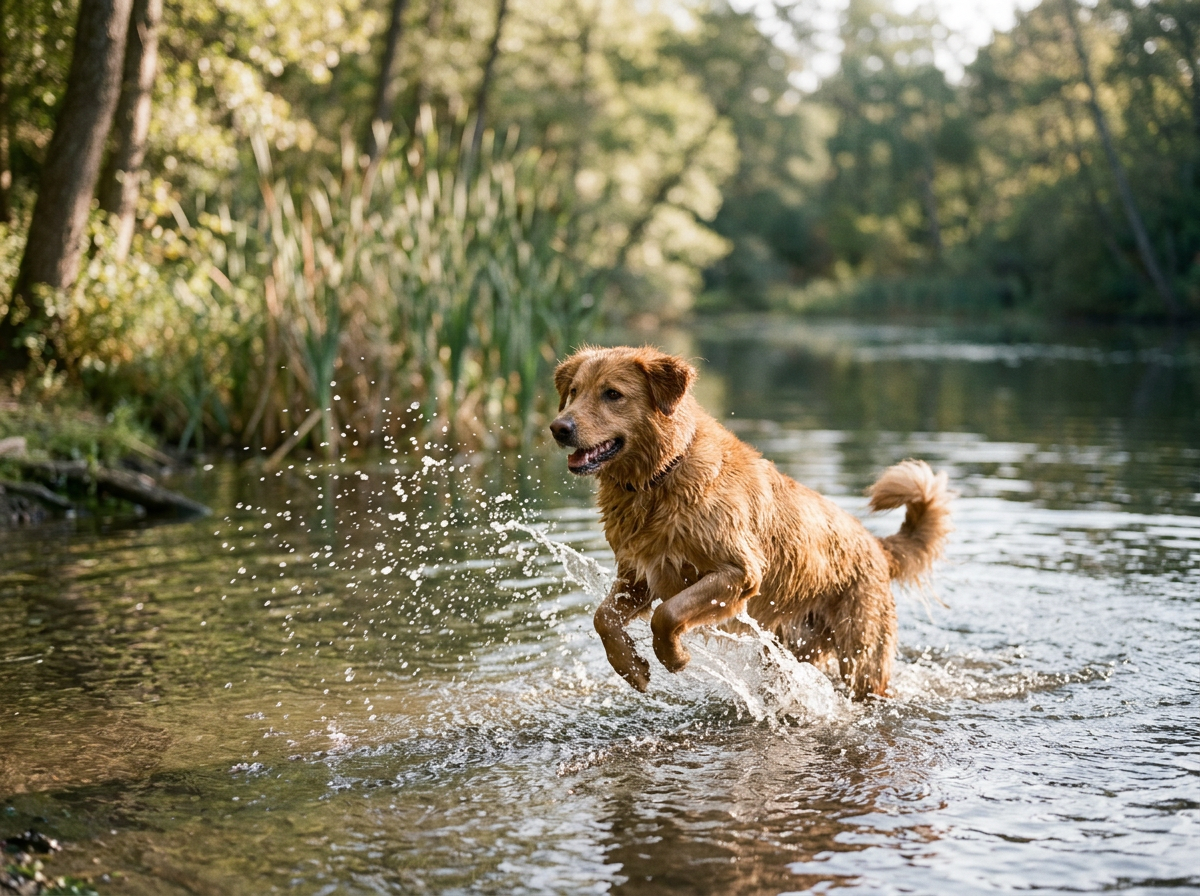 Golden retriever playing in a shallow river