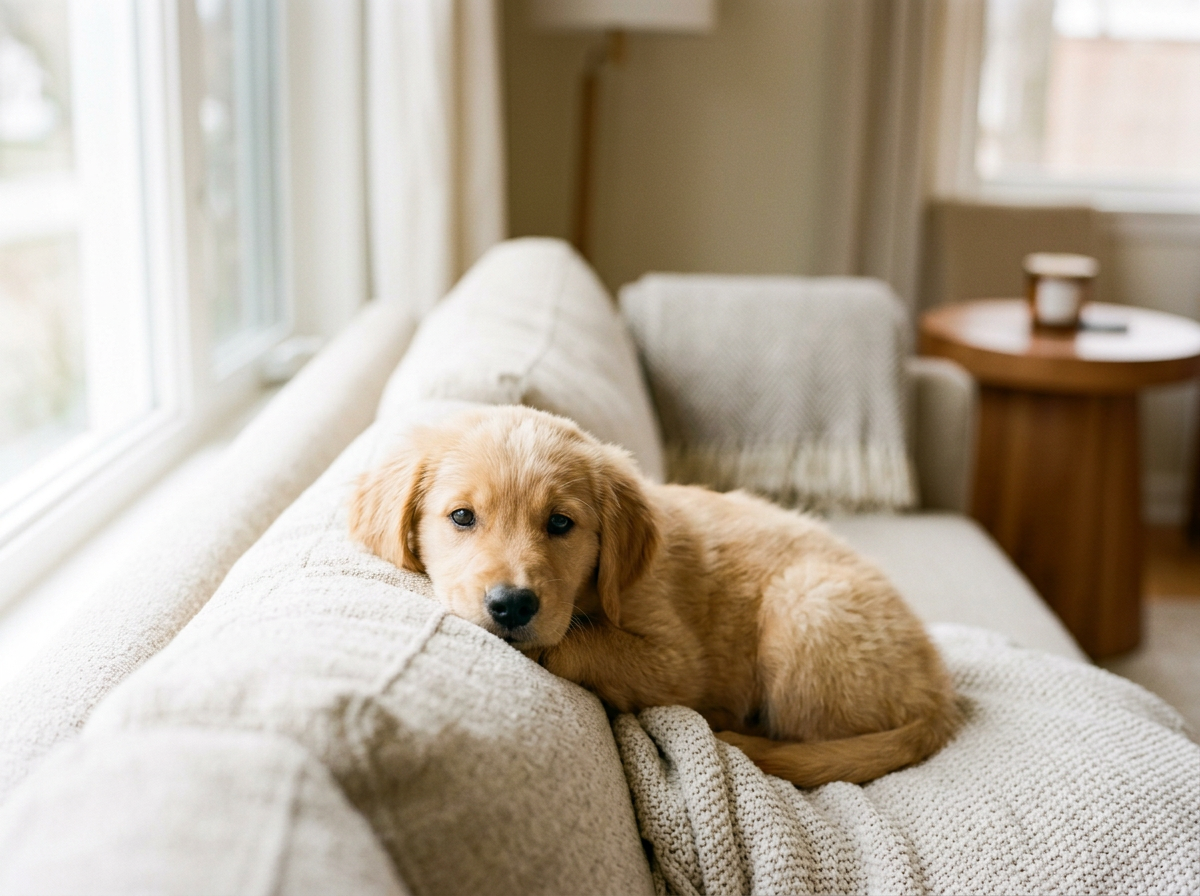 Golden retriever puppy relaxing at home