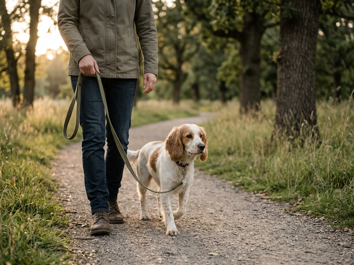 Dog being walked on a woodland trail