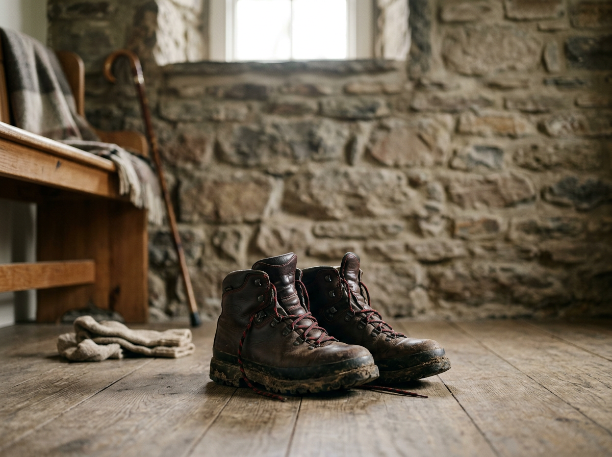 Muddy walking boots after a dog walk