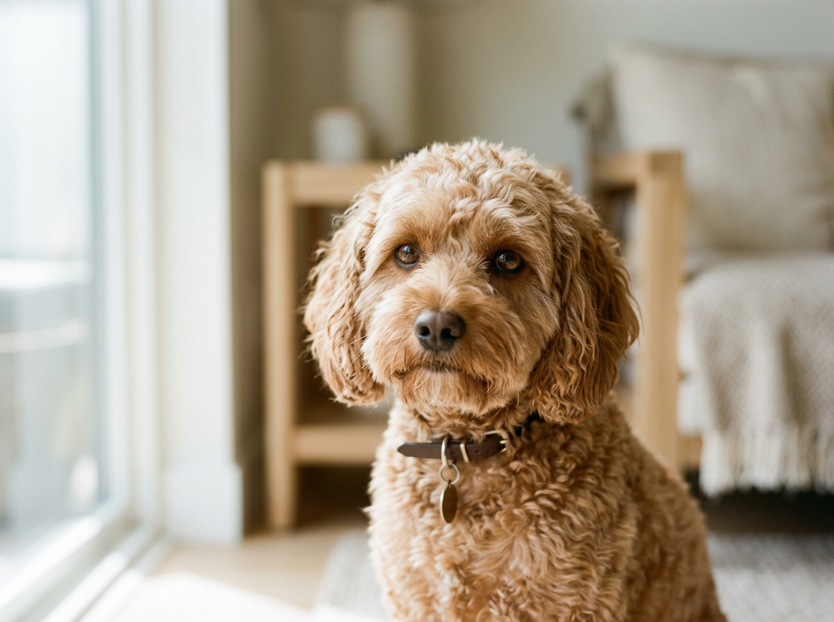 Curly-haired brown dog relaxing at home