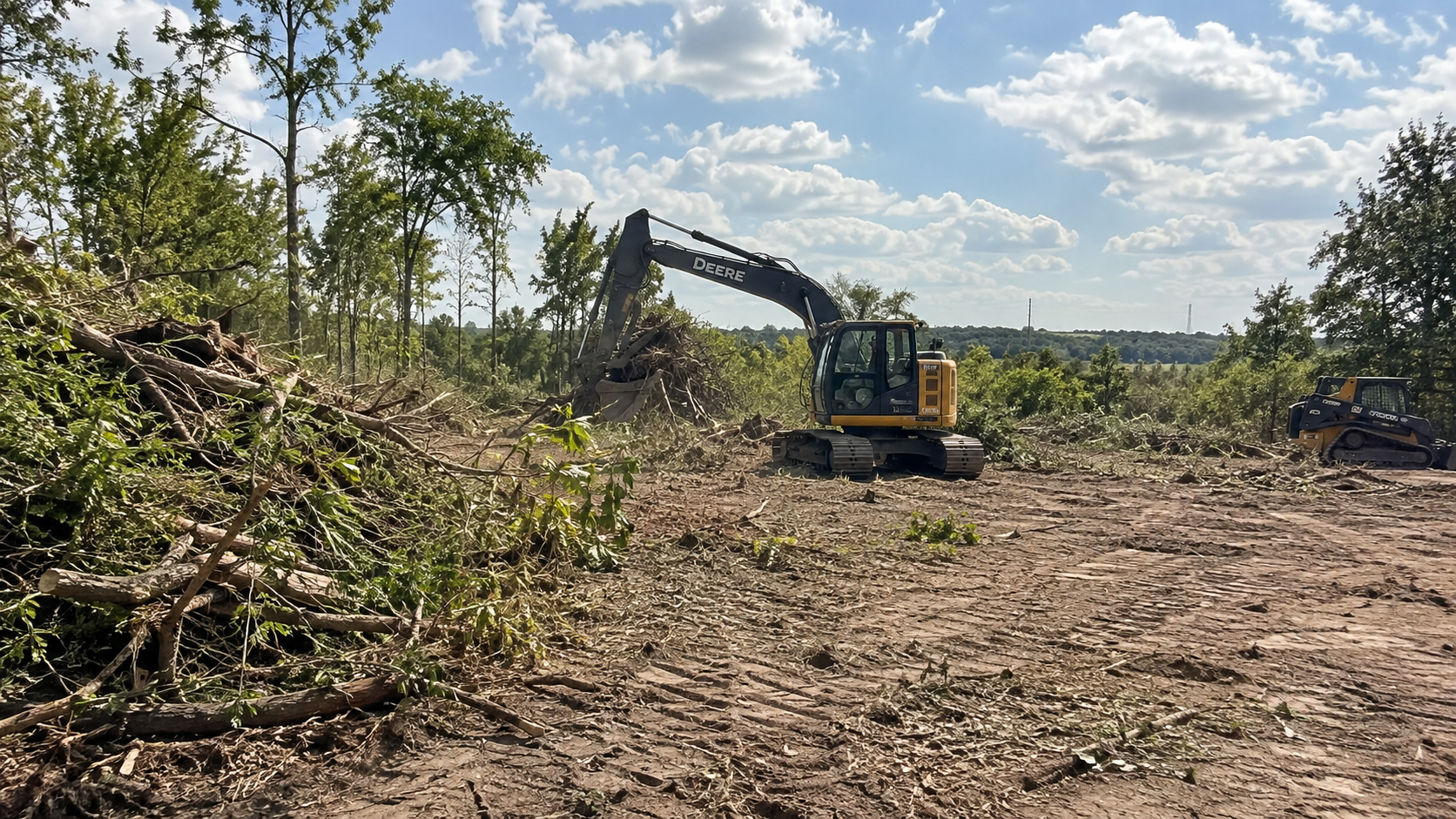 Excavator clearing land