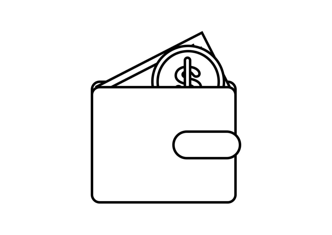 Outline drawing of a wallet with dollar bills and coins inside.