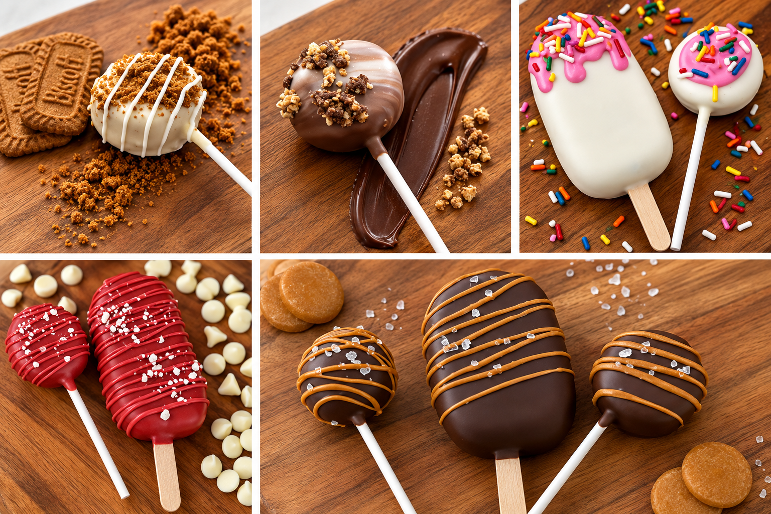 A collage of various decorated ice cream and popsicles on wooden backgrounds. The first image features a cookie ice cream lollipop with crumbled cookie and graham crackers. The second shows a chocolate coated ice cream with crushed nuts, next to a smear of chocolate. The third displays a white chocolate popsicle with pink icing and sprinkles, along with a smaller lollipop with similar decoration. The fourth includes two red chocolate-dipped popsicles with white drizzle and salt, surrounded by white chocolate chips. The fifth showcases two chocolate-covered popsicles with caramel drizzle and salt, with caramel candies nearby.