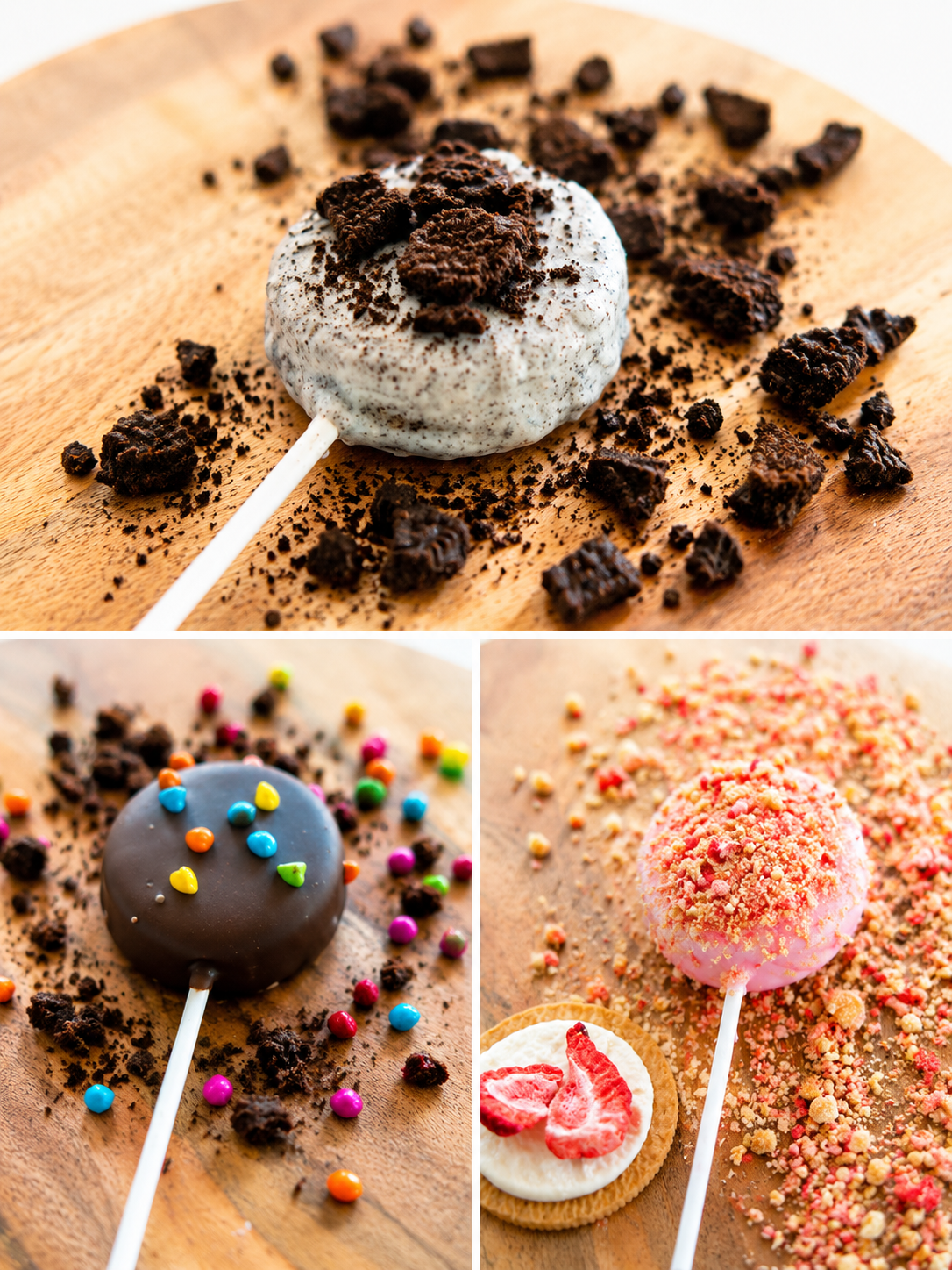 Three decorated cookies on a wooden surface. The first is a cookies on a stick with a white frosting and crushed cookies on top. The second is a chocolate-covered cookie with multicolored sprinkles. The third is a pink coating with crushed pink and yellow candy on top, and there is a decorated cookie with a pink design on a white background and a round cookie with red fruit jelly at the bottom.