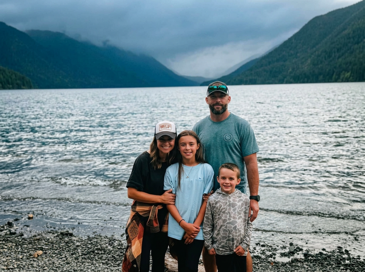 A family of four standing on a rocky shore in front of a large lake surrounded by mountains under a cloudy sky.
