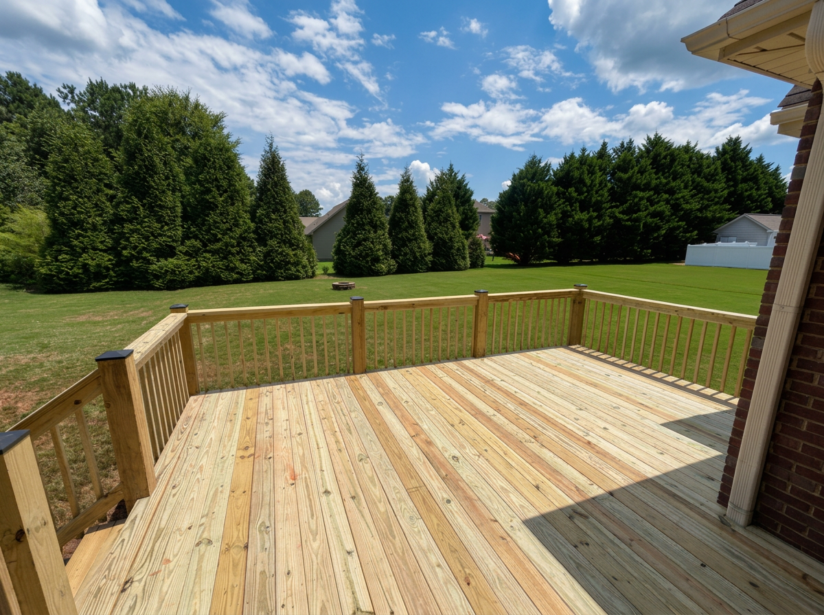 A newly built wooden deck attached to a house, overlooking a green backyard with trees and a bright blue sky with scattered clouds.