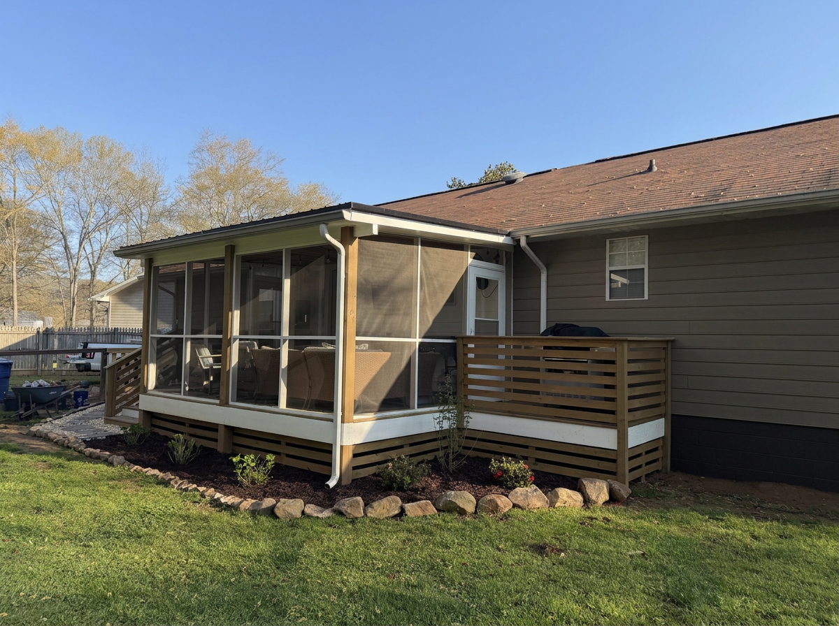 Backyard view of a house with a screened-in porch and small wooden deck, with a garden and green lawn in the foreground and trees in the background.